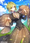  black_vest blue_sky bow brown_cape brown_dress cape_removed cloud company_name day dress dutch_angle grass green_hair hair_bow interitio looking_to_the_side official_art outdoors purple_eyes sid_story sky standing vest 