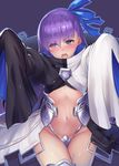  armor armored_boots black_background blue_eyes blue_ribbon blush boots crotch_plate fate/extra fate/extra_ccc fate/grand_order fate_(series) groin hair_ribbon long_hair looking_away meltlilith navel oukawa_yuu purple_hair reaching_out revealing_clothes ribbon shiny shiny_skin solo sweat thighs very_long_hair 