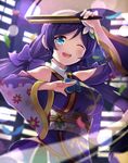  :d angelic_angel blush bow breasts flower green_eyes hair_bow hair_flower hair_ornament japanese_clothes kimono large_breasts long_hair looking_at_viewer love_live! love_live!_school_idol_project motokonut one_eye_closed open_mouth purple_hair smile solo toujou_nozomi twintails very_long_hair 
