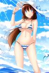  :d benchen06 bikini blue_eyes blue_sky bracelet breasts brown_hair cleavage cloud day halterneck highres jewelry large_breasts light_rays long_hair looking_at_viewer open_mouth original outdoors sky smile solo standing string_bikini striped striped_bikini swimsuit wading 
