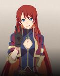  black_gloves blue_eyes braid breasts cleavage cleavage_cutout derivative_work earrings gloves highres jewelry long_hair looking_at_viewer medium_breasts nurk re:creators red_hair selesia_upitiria smile solo twin_braids v very_long_hair 