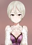  absurdres blush breasts brown_eyes cleavage collarbone earrings highres idolmaster idolmaster_cinderella_girls jewelry leewh1515 long_sleeves looking_at_viewer medium_breasts necklace shiomi_shuuko short_hair silver_hair simple_background smile solo upper_body 