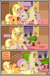  applejack_(mlp) bat_pony blonde_hair comic earth_pony equine fangs female feral flutterbat_(mlp) fluttershy_(mlp) friendship_is_magic green_eyes gutovi-kun hair horse licking mammal my_little_pony pegasus pink_hair pony red_eyes tongue tongue_out wings 
