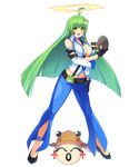  :d antenna_hair bangs belt between_breasts black_footwear black_gloves blue_pants blush breasts center_opening collarbone collared_shirt commentary_request cookie_(touhou) cosplay detached_sleeves eyebrows_visible_through_hair frog_hair_ornament full_body gloves green_eyes green_hair guilty_gear guilty_gear_xrd hair_ornament hair_tubes highres holding holding_mask jack-o'_valentine jack-o'_valentine_(cosplay) kochiya_sanae long_hair mask medium_breasts midriff navel open_mouth pants paseri_(cookie) pyonta shirt shoes sidelocks smile snake_hair_ornament solo standing stomach straight_hair tarmo touhou transparent_background 