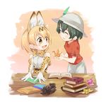  :d ^_^ animal_ears asutora bare_shoulders blonde_hair book book_stack bow bowtie closed_eyes commentary elbow_gloves eyebrows_visible_through_hair gloves green_hair hat hat_feather helmet high-waist_skirt kaban_(kemono_friends) kemono_friends looking_at_another multiple_girls open_book open_mouth origami paper_crane pith_helmet print_bow print_gloves print_skirt red_shirt serval_(kemono_friends) serval_ears serval_print shirt short_hair skirt sleeveless sleeveless_shirt smile table white_shirt yellow_eyes 