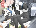  1girl black_hair blush carrying charinkororin cockpit hand_on_own_chest hat kaname_buccaneer kiss lips macross macross_delta messer_ihlefeld necktie pilot_suit princess_carry red_hair sitting sitting_on_lap sitting_on_person skirt thighhighs 
