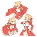  :t ahoge blonde_hair closed_eyes commentary_request fate/extra fate_(series) green_eyes hair_intakes hand_on_hip hand_on_own_chest multiple_views nakatani_nio nero_claudius_(fate) nero_claudius_(fate)_(all) open_mouth pout seiza simple_background sitting sleeping v-shaped_eyebrows 