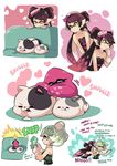  2boys 2girls aori_(splatoon) blush cat cellphone cellphone_camera cellphone_picture closed_eyes comic couch cousins cuddling detached_collar domino_mask dress drooling embarrassed fangs flying_sweatdrops food food_on_head green_legwear hotaru_(splatoon) jajji-kun_(splatoon) kojajji-kun_(splatoon) looking_to_the_side lying mask mole mole_under_eye multiple_boys multiple_girls object_on_head on_couch on_stomach open_mouth phone photo_(object) pointy_ears sleeping smile splatoon_(series) splatoon_2 squid strapless strapless_dress surprised sushi taking_picture tentacle_hair trolling wavy_mouth wong_ying_chee 
