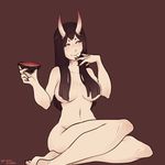  alcohol breasts brown_hair buck-satan cup hair_over_breasts horns legs_together looking_to_the_side maroon_background monster_girl navel nude oni oni_horns sakazuki sake simple_background solo yellow_eyes 