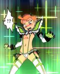  1girl animal_ears ben_10 benjamin_kirby_tennyson blush breasts cat_ears crossover earrings embarrassed flat_chest floating_hair green_background gwendolyn_tennyson gyosone henshin jewelry kill_la_kill living_clothes midriff miniskirt navel open_mouth parody revealing_clothes senketsu shocked_eyes short_hair skirt sparkle_background surprised suspenders sweatdrop thighhighs underboob zettai_ryouiki 