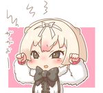  anteater_ears arms_up blush bow bowtie brown_eyes chibi fur_trim hairband kemono_friends multicolored_hair open_mouth pink_hair pozesuke silky_anteater_(kemono_friends) simple_background solo two-tone_hair upper_body white_background white_hair 