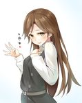  anniversary arashio_(kantai_collection) belt blush brown_eyes brown_hair commentary dress hand_on_own_chest highres kantai_collection long_hair negahami open_mouth pinafore_dress remodel_(kantai_collection) school_uniform shirt solo translated white_shirt 