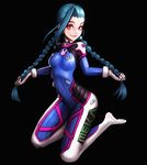  animal_print aqua_hair asymmetrical_hair black_background blue_bodysuit bodysuit braid breasts bunny_print closed_mouth clothes_writing commentary cosplay covered_navel d.va_(overwatch) d.va_(overwatch)_(cosplay) full_body gloves highres holding holding_hair jinx_(league_of_legends) jungon_kim kneeling lips long_hair medium_breasts overwatch pink_eyes shiny shiny_hair simple_background skin_tight smile solo thick_eyebrows twin_braids very_long_hair white_gloves 