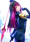  absurdres armor bodysuit emanon123 fate/grand_order fate_(series) highres lips long_hair pink_hair polearm red_eyes scathach_(fate)_(all) scathach_(fate/grand_order) shoulder_armor solo spear veil weapon 