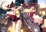  2girls animal_ears atago_(azur_lane) azur_lane bangs black_hair blush bow breasts brown_eyes building cannon dated extra_ears eyebrows_visible_through_hair full_moon fur-trimmed_gloves fur_trim garter_straps gloves hair_bow hair_ribbon highres large_breasts long_hair looking_at_viewer mappaninatta mole mole_under_eye moon multiple_girls night outdoors ponytail red_gloves ribbon rigging santa_costume signature sky smile snow snowflakes snowing star_(sky) starry_sky swept_bangs takao_(azur_lane) thighhighs turret very_long_hair white_bow white_legwear white_ribbon 
