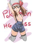  1girl artist_request breasts cosplay haruka_(pokemon) kotone_(pokemon) lyra may naked_overalls nintendo nipples overalls pokemon pokemon_(game) pokemon_hgss thighhighs zettai_ryouiki 