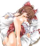  bad_perspective barefoot blush breasts brown_hair detached_sleeves feet hair_ribbon hakurei_reimu long_hair mio_(fastest_lap) panties red_eyes ribbon small_breasts solo thighs topless touhou underwear 