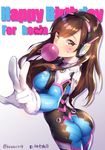  arched_back ass blue_bodysuit blush bodysuit breasts brown_eyes brown_hair bubble_blowing chewing_gum d.va_(overwatch) facepaint facial_mark gloves gradient gradient_background happy_birthday headset heart high_collar jpeg_artifacts looking_at_viewer medium_breasts outstretched_arm overwatch pilot_suit ribbed_bodysuit shennai_misha shiny shiny_clothes shiny_hair skin_tight standing text_focus twitter_username v whisker_markings white_gloves 