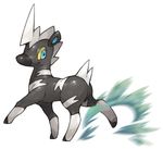  blue_eyes closed_mouth full_body gen_5_pokemon looking_away looking_to_the_side no_humans pearl7 pokemon pokemon_(creature) simple_background smile solo striped tail white_background yellow_sclera zebra 