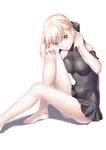  adjusting_hair alternate_costume arm_garter artoria_pendragon_(all) bangs bare_legs bare_shoulders barefoot black_bow black_swimsuit blonde_hair bow braid breast_press breasts casual_one-piece_swimsuit covered_navel covered_nipples eyebrows_visible_through_hair fate/stay_night fate_(series) feet hair_bow hand_in_hair highres invisible_chair knees_up kukuri_(ahagon) legs long_legs looking_at_viewer medium_breasts one-piece_swimsuit saber_alter short_hair simple_background sitting skin_tight solo swimsuit toes tsurime white_background yellow_eyes 