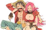  1girl ^_^ ahoge alcohol arm_around_shoulder beer beer_mug black_hair breasts cleavage closed_eyes commentary crossover cup dashi_(minzoku_gb) facial_scar fate/extra fate/grand_order fate_(series) francis_drake_(fate) hat holding holding_cup large_breasts monkey_d_luffy one_piece open_clothes open_mouth open_shirt pink_hair scar seiyuu_connection shirt simple_background sitting smile straw_hat takano_urara trait_connection white_background 