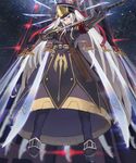  altair_(re:creators) amano_misaki belt blue_eyes boots commentary dress drum_magazine floating floating_object from_below gauntlets gloves grin gun hat highres lips lipstick long_hair looking_at_viewer makeup military military_uniform motion_blur multicolored multicolored_eyes ppsh-41 re:creators red_eyes saber_(weapon) sash shako_cap smile solo submachine_gun sword uniform weapon white_hair 