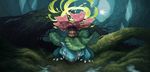  flower forest full_body gen_1_pokemon half-closed_eyes highres leaf looking_at_viewer nature no_humans open_mouth outdoors pearl7 pokemon pokemon_(creature) red_eyes scenery sharp_teeth solo teeth tree venusaur water 