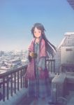  1girl absurdres balcony barefoot black_hair blue_eyes blurry cityscape commentary cup depth_of_field highres holding holding_cup light_smile long_hair looking_at_viewer mitsuki_(yu_hsiang_yi) original pajamas scenery shawl sky snow snow_bunny solo winter 