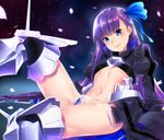  armor armored_boots blue_eyes blue_ribbon blush boots breasts cherry_blossoms crotch_plate fate/extra fate/extra_ccc fate_(series) hair_ribbon hisayaki_kyuu long_hair meltlilith navel purple_hair revealing_clothes ribbon small_breasts smile solo thighhighs very_long_hair 