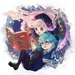  1boy 1girl blue_eyes blue_hair book caster_(fate/extra_ccc) dress fate/extra fate/extra_ccc fate/grand_order fate_(series) frills glasses hat long_hair nursery_rhyme_(fate/extra) open_mouth pink_hair purple_eyes shoes short_hair shorts vest 