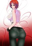  1girl artist_request ass bare_shoulders breasts butt_crack dimples_of_venus from_behind gloves king_of_fighters large_breasts looking_at_viewer pants pantylines red_eyes red_hair shiny shiny_hair shiny_skin short_hair sideboob single_glove skin_tight smile solo the_king_of_fighters tight_pants vanessa 
