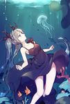  barefoot blue_eyes blue_hair breasts bubble collarbone dress fish freediving full_body hair_ornament hatsune_miku jellyfish long_hair medium_breasts n2co shinkai_shoujo_(vocaloid) solo submerged toenail_polish twintails underwater very_long_hair vocaloid 