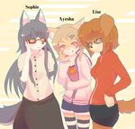  anthro canine clothed clothing eyewear feline female fur glasses group hair kyuuri looking_at_viewer mammal smile tongue tongue_out 