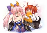  &gt;_&lt; ahoge animal_ears bare_shoulders black_legwear blue_ribbon blush breasts closed_eyes detached_sleeves eyebrows_visible_through_hair fate/extra fate/grand_order fate_(series) fox_ears fox_tail fujimaru_ritsuka_(female) hair_ribbon heart highres hug japanese_clothes kimono large_breasts multiple_girls obi open_mouth orange_hair pantyhose pink_hair pleated_skirt ribbon sash short_kimono side_ponytail sidelocks skirt subaru_(794829485) sweatdrop tail tail_hug tamamo_(fate)_(all) tamamo_no_mae_(fate) thighhighs twintails wide_sleeves yellow_eyes yuri 