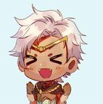  &gt;_&lt; :d blue_background boey_(fire_emblem) cape chibi circlet closed_eyes dark_skin dark_skinned_male fangs fire_emblem fire_emblem_echoes:_mou_hitori_no_eiyuuou gloves highres kash-phia male_focus open_mouth portrait simple_background smile solo white_hair xd 