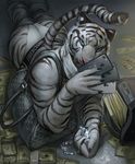  anthro clothing feline handbag jewelry looking_at_viewer male mammal money muscular phone solo tacklebox tiger underwear 