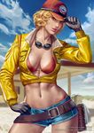  adjusting_clothes adjusting_hat artist_name baseball_cap belt bikini black-framed_eyewear black_gloves blonde_hair blue_shorts blue_sky breasts breasts_apart cidney_aurum cloud cloudy_sky collarbone contrapposto cropped_jacket dated day denim denim_shorts deviantart_username dirty eyelashes final_fantasy final_fantasy_xv gloves goggles goggles_around_neck green_eyes hand_on_hip hat jacket lips long_sleeves looking_at_viewer medium_breasts midriff navel nose outdoors parted_lips partially_unzipped patreon_username pouch realistic red_bikini red_hat short_hair short_shorts shorts sky solo standing sunlight swimsuit unzipped watermark wavy_hair web_address yellow_jacket zumi_(zumidraws) 
