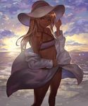  bangs bare_legs bare_shoulders bikini breasts brown_eyes brown_hair cleavage cloud cloudy_sky coat commentary_request danann eyebrows_visible_through_hair halterneck hand_on_headwear hat head_tilt horizon legs_apart long_hair long_sleeves looking_at_viewer morning navel ocean off_shoulder open_clothes open_coat open_mouth original sketch sky small_breasts solo standing stomach striped sun_hat sunlight sunrise swimsuit vertical-striped_bikini vertical_stripes water white_coat white_hat 