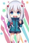  :d aqua_jacket bangs blue_eyes blush bow chibi commentary_request drawing_tablet eromanga_sensei euforia eyebrows_visible_through_hair full_body hair_bow hand_on_hip holding izumi_sagiri jacket legs_apart long_hair long_sleeves looking_at_viewer low-tied_long_hair multicolored multicolored_background no_pants open_mouth pink_legwear pocket red_bow silver_hair smile socks solo standing star stylus tareme track_jacket zipper 