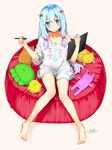  2017 :o adrenaline!!! artist_name bangs bare_legs barefoot blue_eyes blue_hair blush bow clothes_writing collarbone copyright_name cushion eromanga_sensei eyebrows_visible_through_hair grey_background hair_between_eyes hair_bow hands_up holding izumi_sagiri knees_together_feet_apart kojima_saya long_hair looking_at_viewer off_shoulder parted_lips pink_bow shirt signature simple_background sitting solo stuffed_animal stuffed_bunny stuffed_octopus stuffed_tiger stuffed_toy stylus tablet white_shirt 