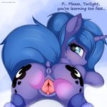  2017 absurd_res anus blue_hair butt clitoris cutie_mark dialogue dock english_text equine female feral friendship_is_magic fur hair hi_res horn lying mammal my_little_pony on_back princess_luna_(mlp) pussy pussy_juice spread_pussy spreading text twiren young 