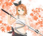  autumn_leaves bandages bare_shoulders blonde_hair blush bow collarbone fingerless_gloves gloves green_eyes hair_bow highres holding holding_weapon iroha_uta_(vocaloid) kagamine_rin looking_at_viewer navel nemuri_oto_yume outdoors project_diva_(series) project_diva_extend sarashi short_hair sky standing strap sword vocaloid weapon 