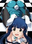  :d all_fours animal_ears aqua_ribbon ass black_hairband black_legwear blue_footwear blue_hair blue_leotard breasts brown_eyes bunny_ears bunnysuit checkered checkered_floor chin_rest choker cleavage fake_animal_ears from_above hairband highres idolmaster idolmaster_million_live! kitakami_reika leotard long_hair looking_at_viewer open_mouth pantyhose ribbon shiny shiny_clothes shoes small_breasts smile solo strapless strapless_leotard tokiani twintails wrist_cuffs 