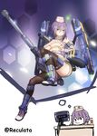  :o aqua_eyes ass bare_shoulders black_legwear breasts chibi chin_rest cosplay covered_nipples crop_top desk detached_sleeves dreaming dual_persona full_body gun hair_ornament hairclip hat highres honeycomb_(pattern) honeycomb_background large_breasts midriff no_bra panzer_waltz planetside purple_hair reculata ribbed_sweater short_hair sleeves_past_wrists sparkle sweater thighhighs turtleneck turtleneck_sweater underboob vashti_bradley weapon 