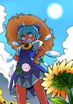  &gt;:) ahoge baba_(baba_seimaijo) bangs blue_bow blue_dress blue_eyes blue_hair blue_sky blurry bow cirno cloud commentary_request cowboy_shot day depth_of_field dress flower grin hair_bow hands_on_hips hat hidden_star_in_four_seasons highres looking_at_viewer morning_glory plant puffy_short_sleeves puffy_sleeves short_hair short_sleeves sky smile solo straw_hat sun sun_hat sunflower tan tanned_cirno touhou v-shaped_eyebrows vines 