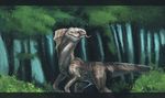  blue_eyes day deanosaior detailed_background dinosaur feral forest male outside solo standing tongue tree 