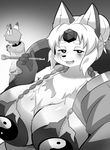  anthro big_breasts blush breasts canine clothed clothing duo female fox greyscale huge_breasts kyuuri looking_at_viewer male mammal monochrome selfie 