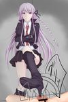  1boy 1girl bdsm black_boots bootjob boots cbt censor_bar censored crotch_kick crotch_stomp danganronpa danganronpa_1 footjob groin_kick hair_ornaments hair_ribbon high_heel_boots kirigiri_kyouko long_hair looking_down necktie piro_(iiiiiiiiii) purple_hair ribbon shoejob shoes simple_background skirt solo_focus standing stepped_on torture violet_eyes 