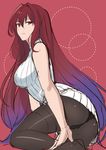  bare_shoulders casual fate/grand_order fate_(series) highres light_smile long_hair looking_back panties panties_under_pantyhose pantyhose red_eyes red_hair ribbed_sweater scathach_(fate)_(all) scathach_(fate/grand_order) shimo_(s_kaminaka) solo sweater sweater_vest thighband_pantyhose underwear 