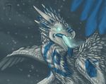  deanosaior dragon feathered_dragon feathered_wings feathers fur furred_dragon glowing glowing_eyes horn open_mouth snow teeth tongue wings 